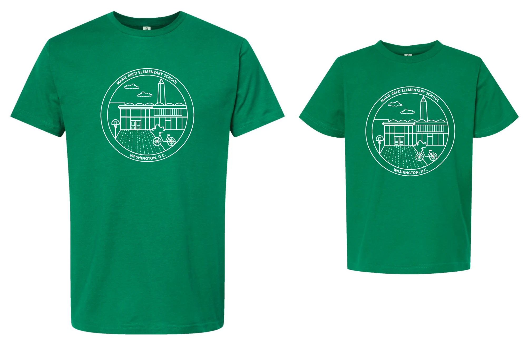 Adult and youth green Marie Reed Elementary School spirit t-shirts, each printed with a white circular design of the school building and the Washington Monument