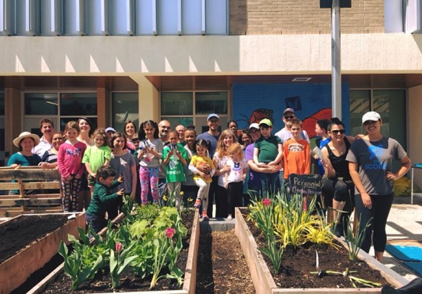 Families and students working together in the FoodPrints garden